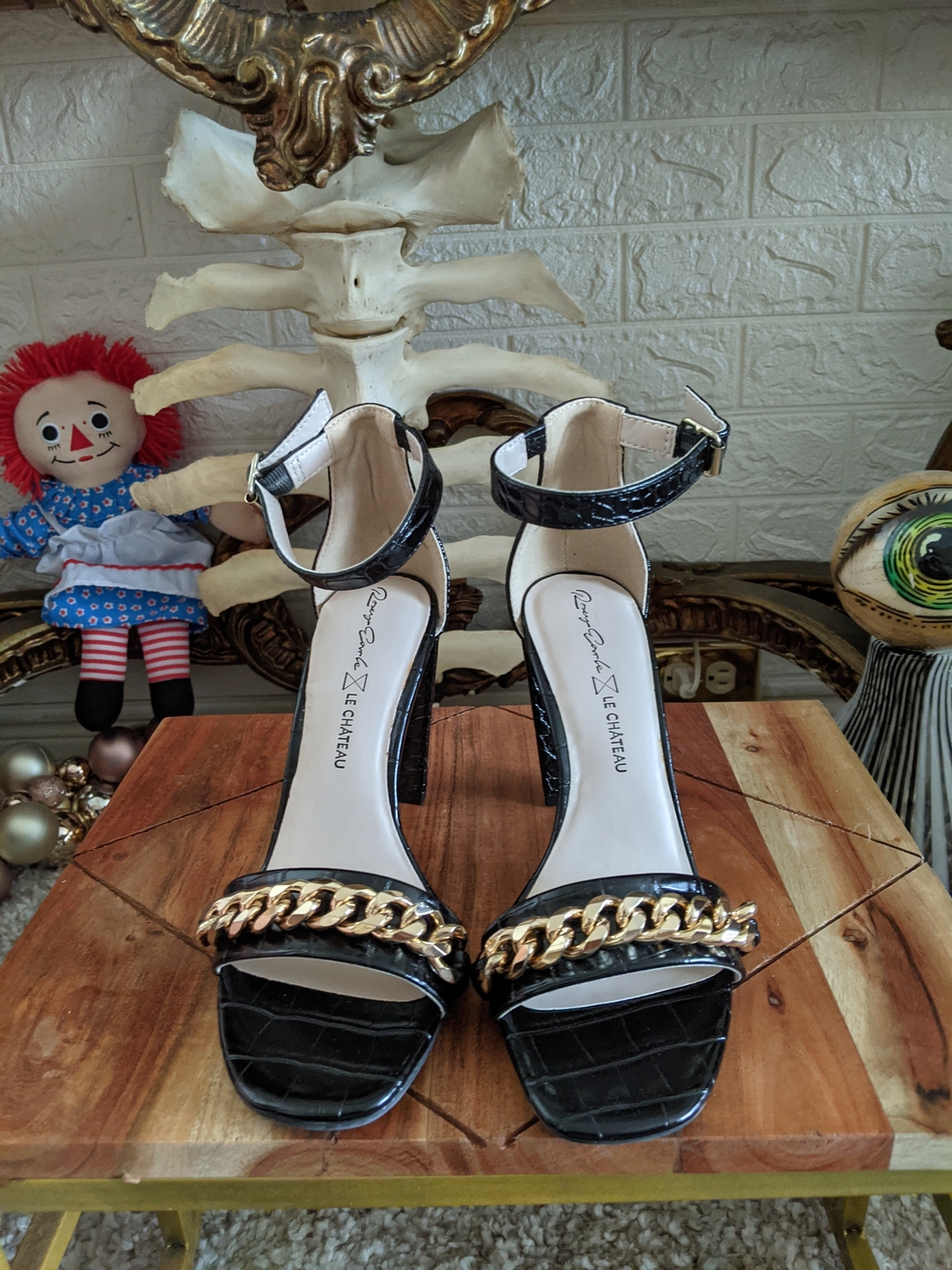 Le Chateau Black Croc-Embossed Ankle Strap Sandals with Gold Chain